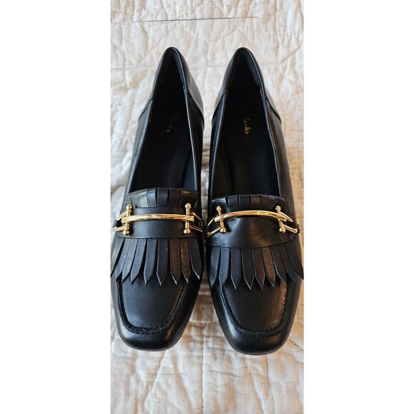 Clarks Womens Sheer55 Horsebit Heeled Tassel Loafers Black Leather US 9 EU 40 - Picture 3 of 5